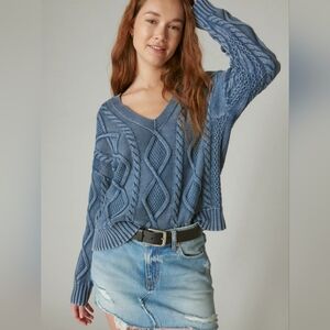 NWT Lucky Brand Cable Knit V-Neck Pullover Sweater Denim Blue